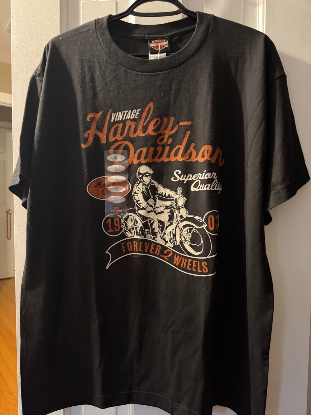 Harley-Davidson Black Tee with Orange & Cream Motorcycle Graphic